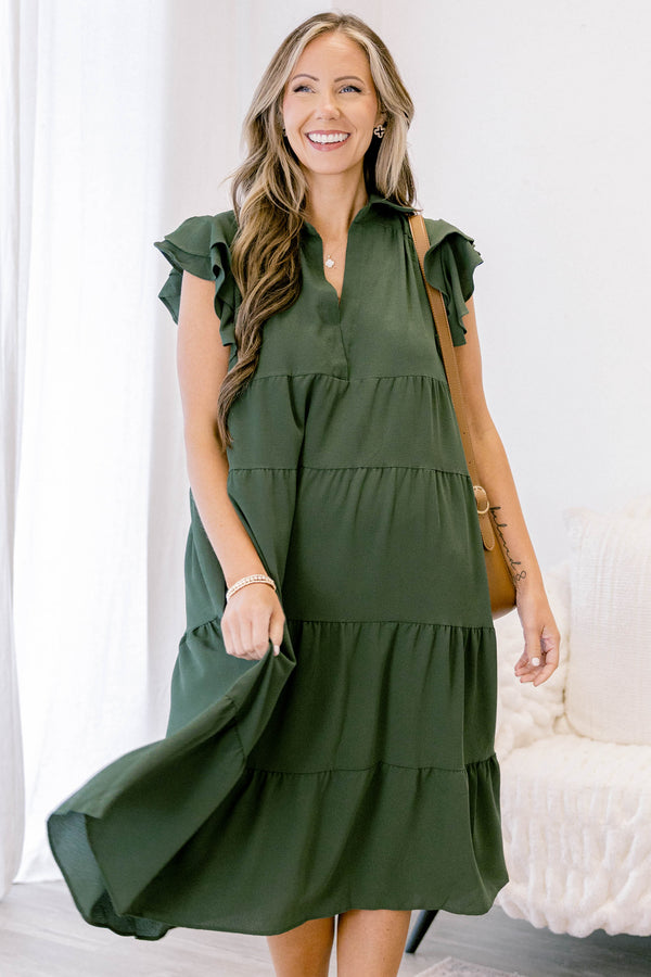 Chic Soul plus size clothing, olive green flowy tiered midi dress with ruffle sleeves