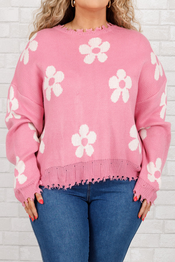 Chic Soul plus size clothing, pink sweater with white flower pattern with a frayed neckline, bottom, and sleeves
