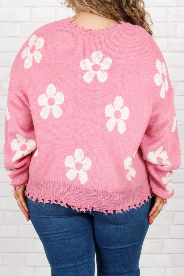 Chic Soul plus size clothing, pink sweater with white flower pattern with a frayed neckline, bottom, and sleeves