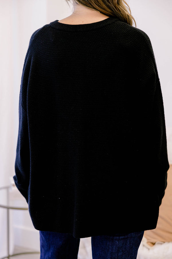 Chic Soul plus size clothing, black long sleeve knit sweater with buttons on the neckline