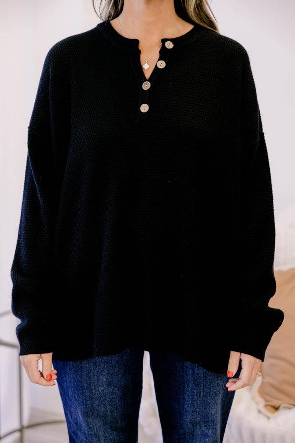 Chic Soul plus size clothing, black long sleeve knit sweater with buttons on the neckline