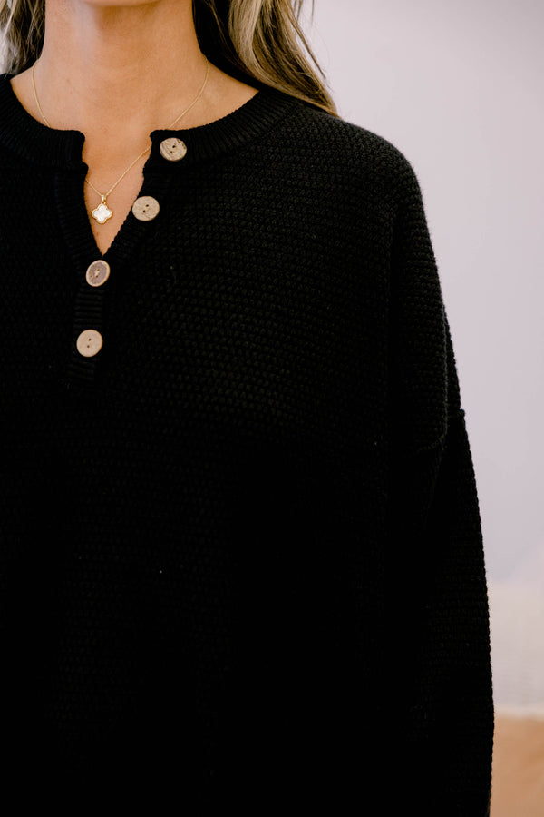 Chic Soul plus size clothing, black long sleeve knit sweater with buttons on the neckline