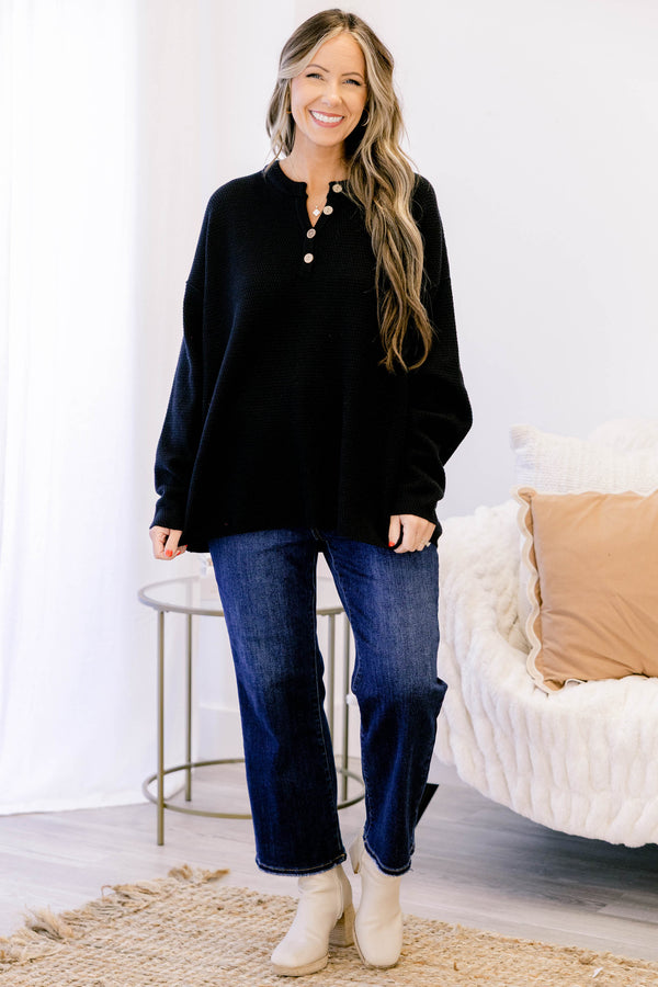 Chic Soul plus size clothing, black long sleeve knit sweater with buttons on the neckline