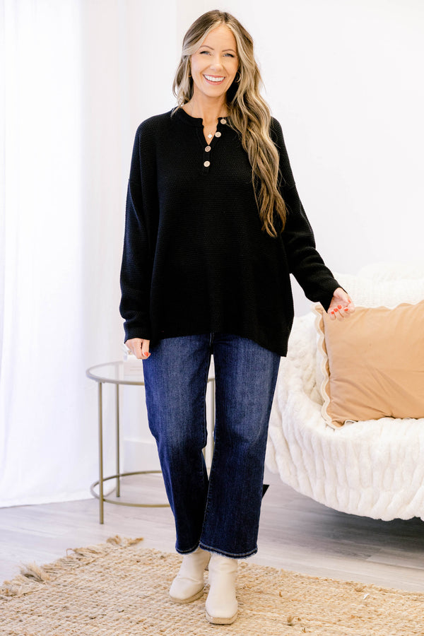 Chic Soul plus size clothing, black long sleeve knit sweater with buttons on the neckline
