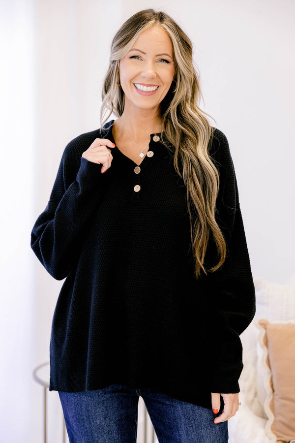 Chic Soul plus size clothing, black long sleeve knit sweater with buttons on the neckline