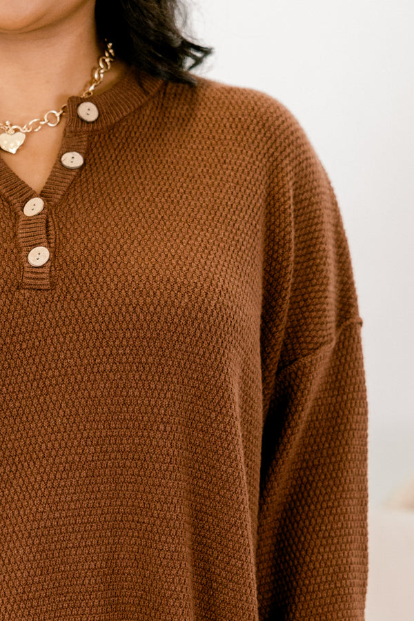 Chic Soul plus size clothing, brown long sleeve knit sweater with brown buttons along the v-neckline