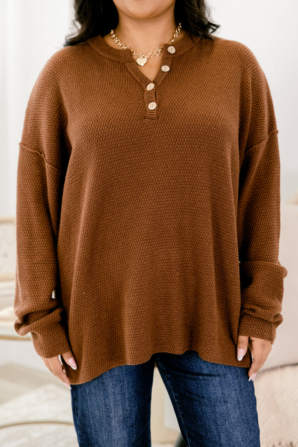 Chic Soul plus size clothing, brown long sleeve knit sweater with brown buttons along the v-neckline