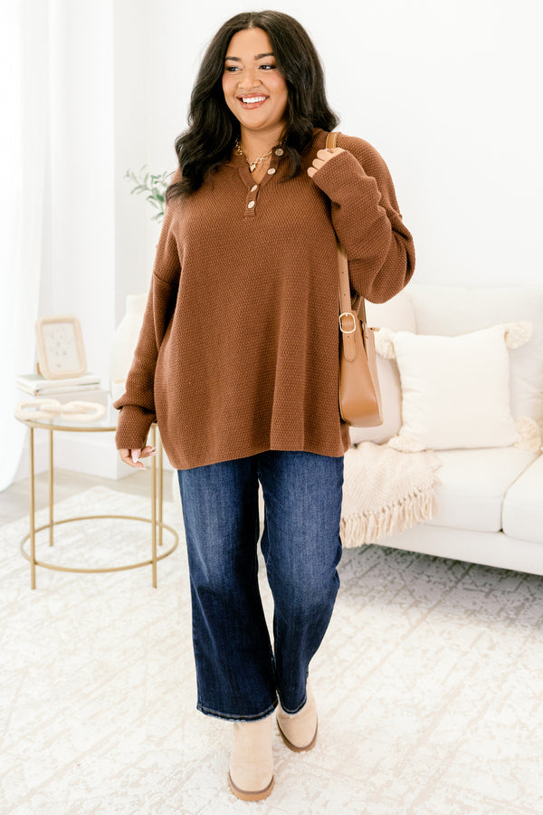Chic Soul plus size clothing, brown long sleeve knit sweater with brown buttons along the v-neckline