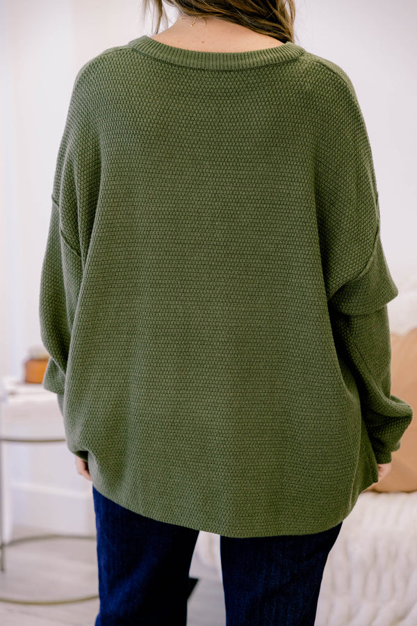 Chic Soul plus size clothing, olive green oversized knit pullover with wooden buttons 1/4 down the collar