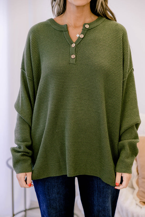 Chic Soul plus size clothing, olive green oversized knit pullover with wooden buttons 1/4 down the collar