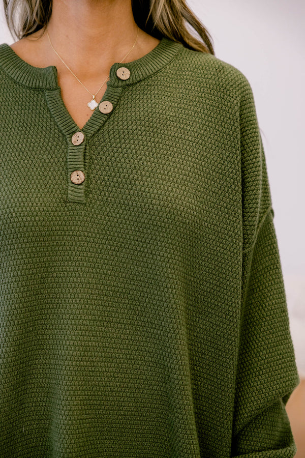 Chic Soul plus size clothing, olive green oversized knit pullover with wooden buttons 1/4 down the collar