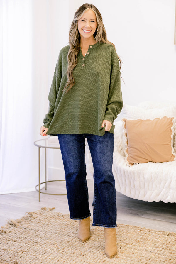 Chic Soul plus size clothing, olive green oversized knit pullover with wooden buttons 1/4 down the collar