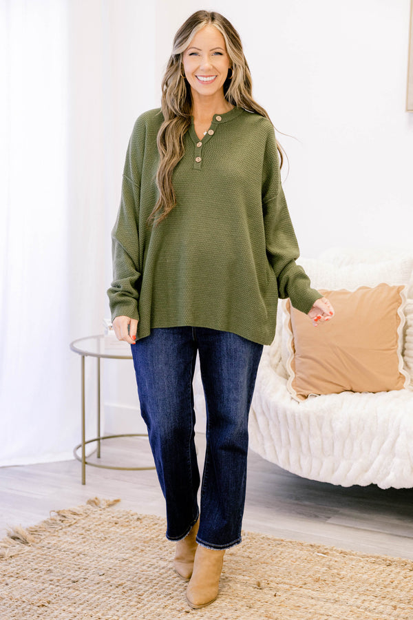 Chic Soul plus size clothing, olive green oversized knit pullover with wooden buttons 1/4 down the collar