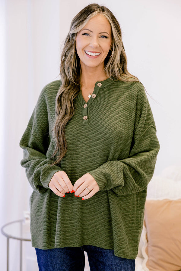 Chic Soul plus size clothing, olive green oversized knit pullover with wooden buttons 1/4 down the collar