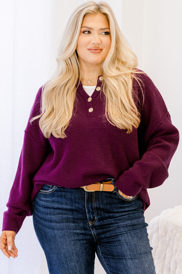 Chic Soul plus size clothing, dark purple textured 1/4 button pullover sweater