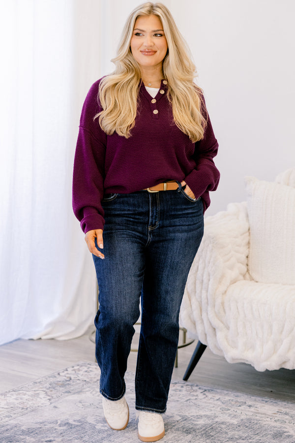 Chic Soul plus size clothing, dark purple textured 1/4 button pullover sweater
