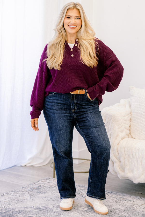 Chic Soul plus size clothing, dark purple textured 1/4 button pullover sweater