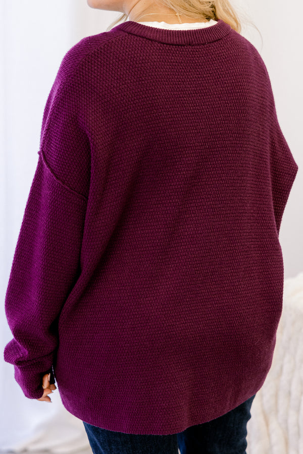 Chic Soul plus size clothing, dark purple textured 1/4 button pullover sweater