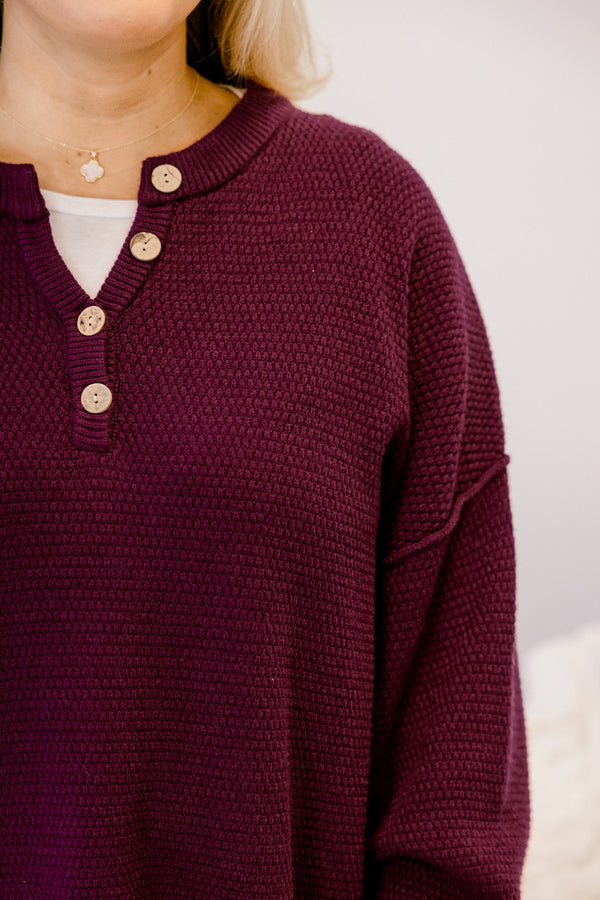 Chic Soul plus size clothing, dark purple textured 1/4 button pullover sweater