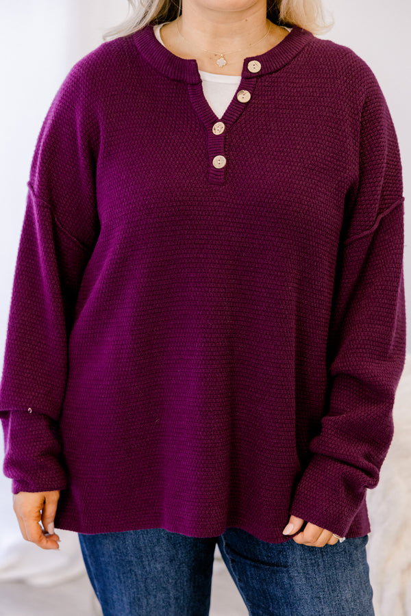Chic Soul plus size clothing, dark purple textured 1/4 button pullover sweater
