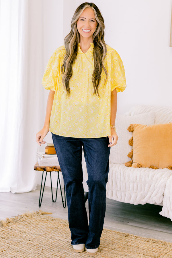 Chic Soul plus size clothing, short-puffed-sleeve butter yellow eyelet top with a high-split-v-neckline and a subtle ruffled collar with a subtle floral pattern