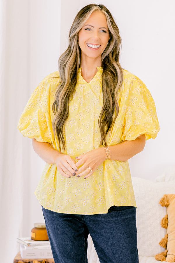 Chic Soul plus size clothing, short-puffed-sleeve butter yellow eyelet top with a high-split-v-neckline and a subtle ruffled collar with a subtle floral pattern