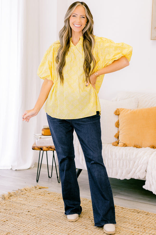 Chic Soul plus size clothing, short-puffed-sleeve butter yellow eyelet top with a high-split-v-neckline and a subtle ruffled collar with a subtle floral pattern