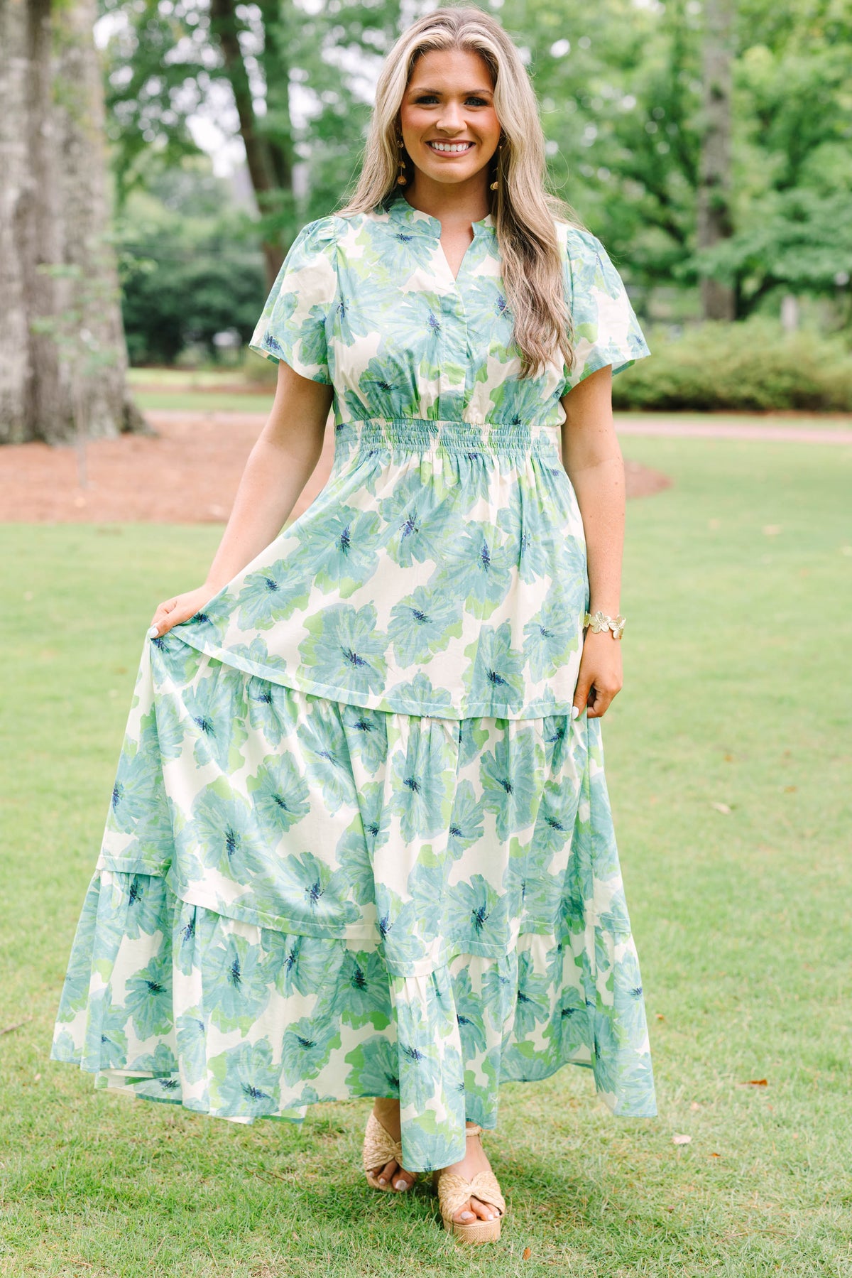 Women's Pleated Petal Maxi Dress, Green