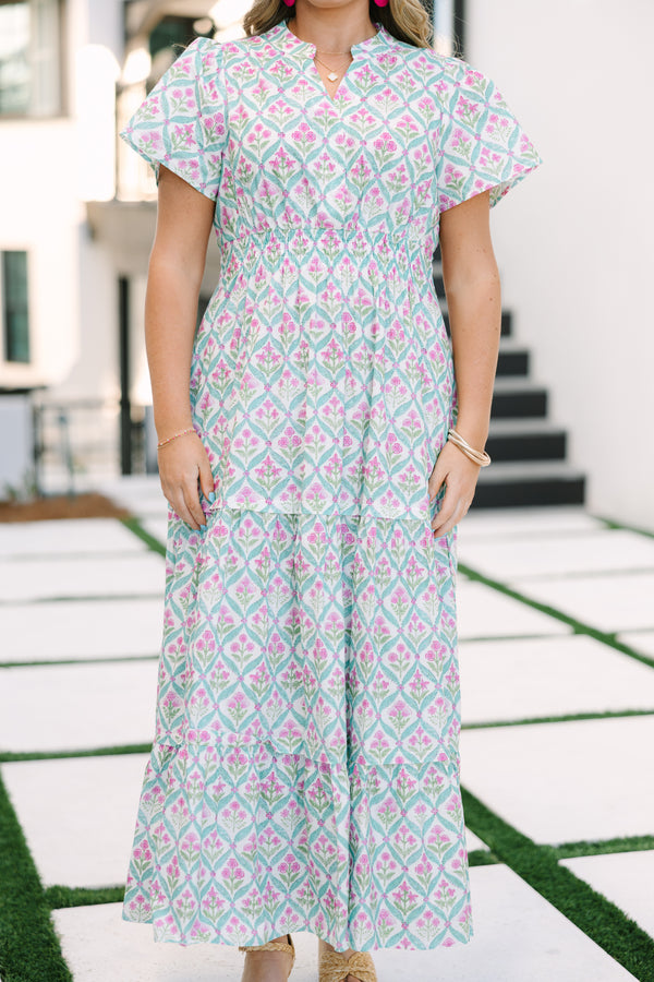 Chic Soul plus size clothing, tiered maxi dress with short sleeves a slight v-neckline and a pink and green floral block pattern 