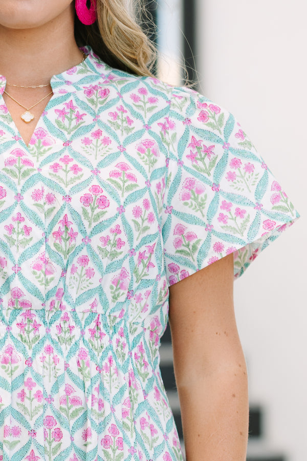 Chic Soul plus size clothing, tiered maxi dress with short sleeves a slight v-neckline and a pink and green floral block pattern 