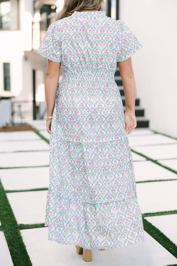 Chic Soul plus size clothing, tiered maxi dress with short sleeves a slight v-neckline and a pink and green floral block pattern 