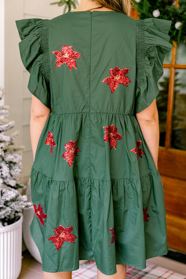 Chic Soul plus size clothing, green short ruffle sleeve short dress with red sequin poinsettia's 