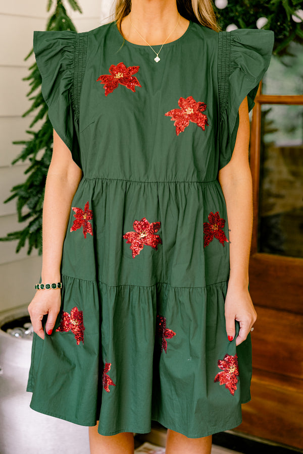 Chic Soul plus size clothing, green short ruffle sleeve short dress with red sequin poinsettia's 