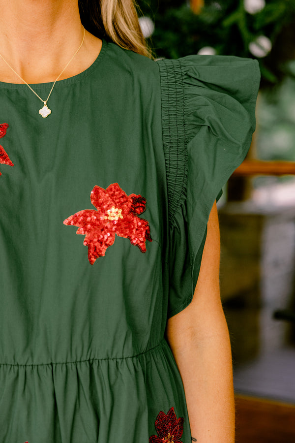 Chic Soul plus size clothing, green short ruffle sleeve short dress with red sequin poinsettia's 