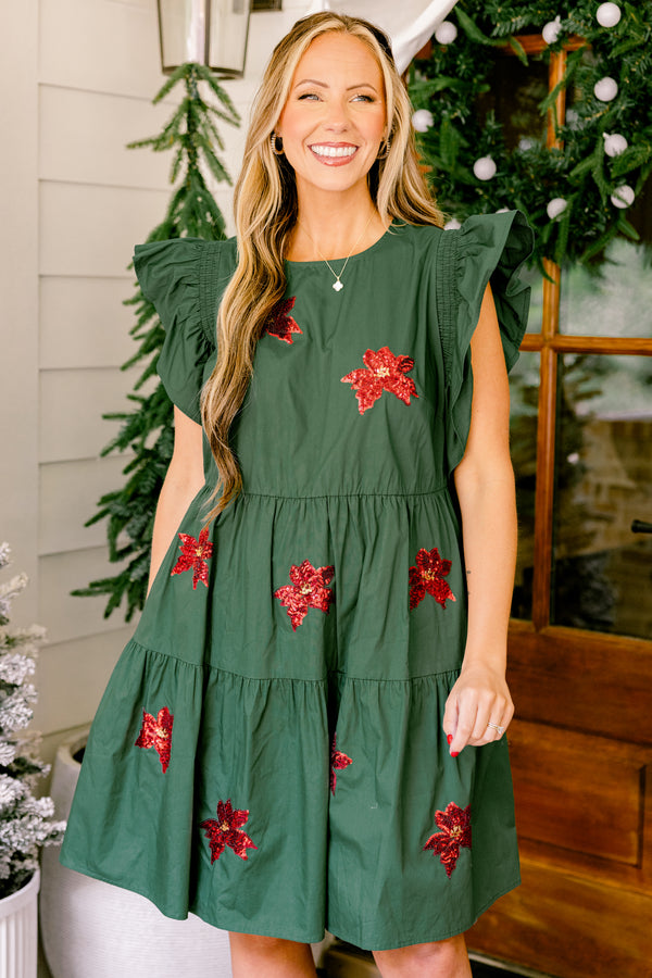 Chic Soul plus size clothing, green short ruffle sleeve short dress with red sequin poinsettia's 
