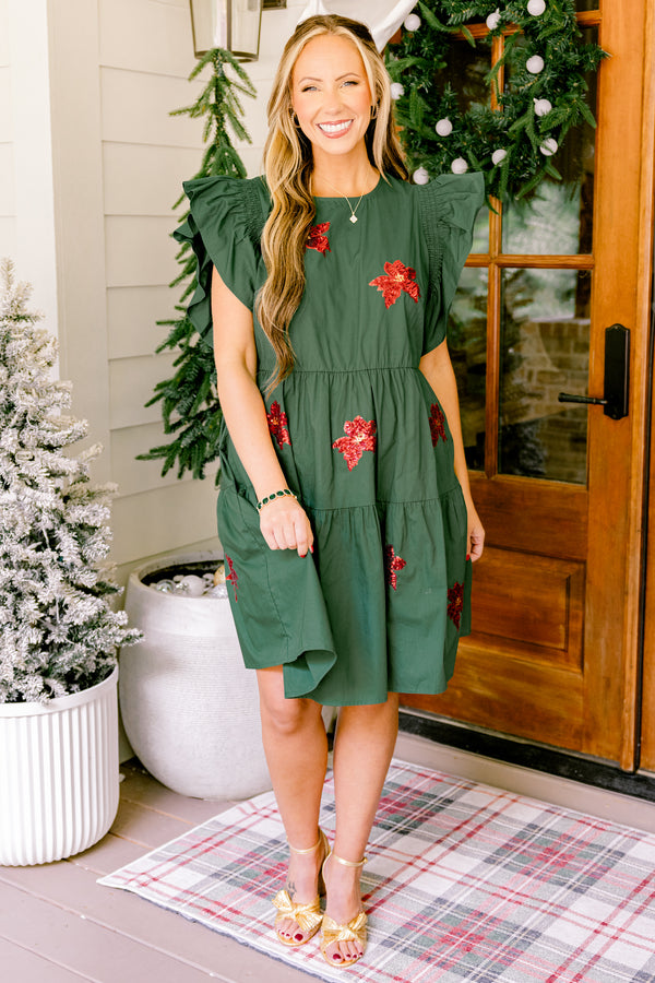 Chic Soul plus size clothing, green short ruffle sleeve short dress with red sequin poinsettia's 