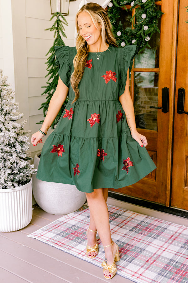 Chic Soul plus size clothing, green short ruffle sleeve short dress with red sequin poinsettia's 