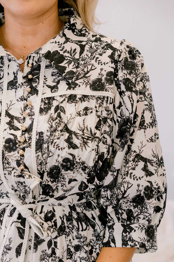 Chic Soul plus size clothing, black and white toile 3/4 length sleeve button up collared tiered dress 