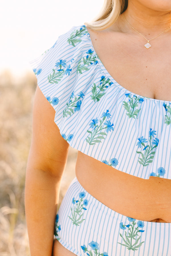 Chic Soul plus size clothing, straight across one shoulder bikini top with a ruffle going along the top with blue stripes and floral block pattern 