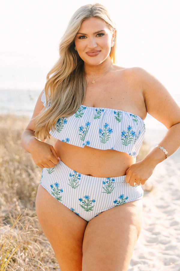 Chic Soul plus size clothing, straight across one shoulder bikini top with a ruffle going along the top with blue stripes and floral block pattern 