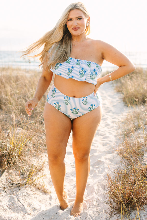 Chic Soul plus size clothing, straight across one shoulder bikini top with a ruffle going along the top with blue stripes and floral block pattern 