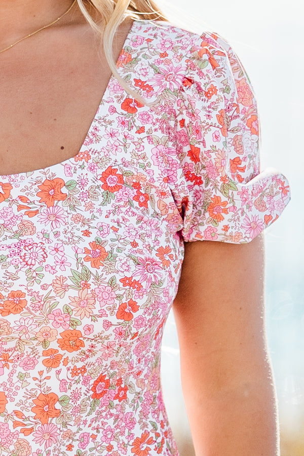 Chic Soul plus size clothing, white and pink floral short puff sleeve one piece swimsuit