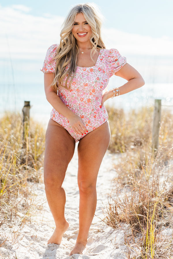Chic Soul plus size clothing, white and pink floral short puff sleeve one piece swimsuit