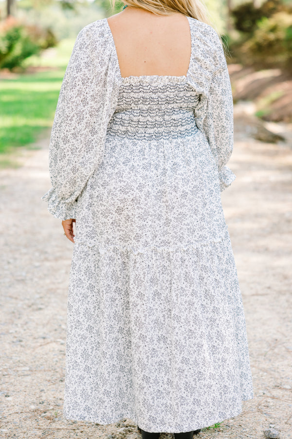 Chic Soul plus size clothing, white maxi dress with a dainty black floral pattern and long sleeves that have a small ruffle detail at the end of the sleeves as well as a square neckline  