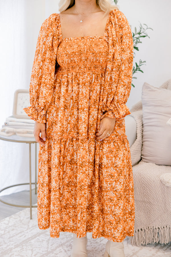 Chic Soul plus size clothing, orange floral maxi dress with long sleeves and a ruffle detail at the end of each sleeve as well as a square neckline 