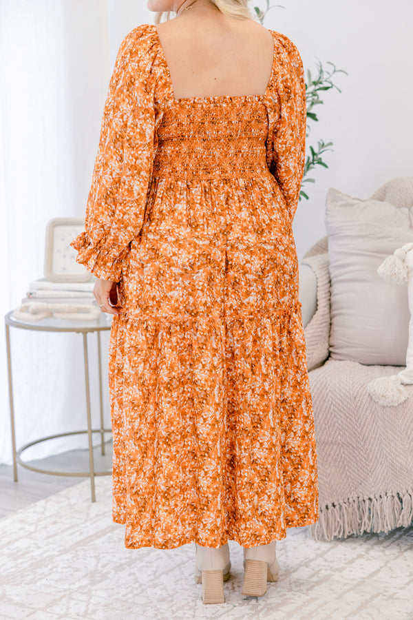 Chic Soul plus size clothing, orange floral maxi dress with long sleeves and a ruffle detail at the end of each sleeve as well as a square neckline 