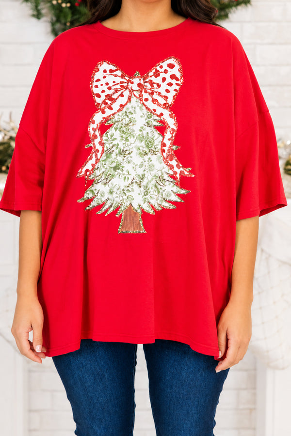 Chic Soul plus size clothing, red short sleeve boyfriend tee with round neckline with green floral tree graphic with red and white polka dot bow on top with glitter detail