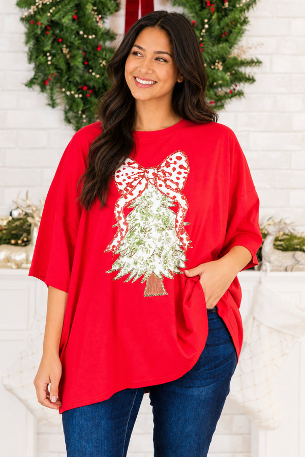 Chic Soul plus size clothing, red short sleeve boyfriend tee with round neckline with green floral tree graphic with red and white polka dot bow on top with glitter detail