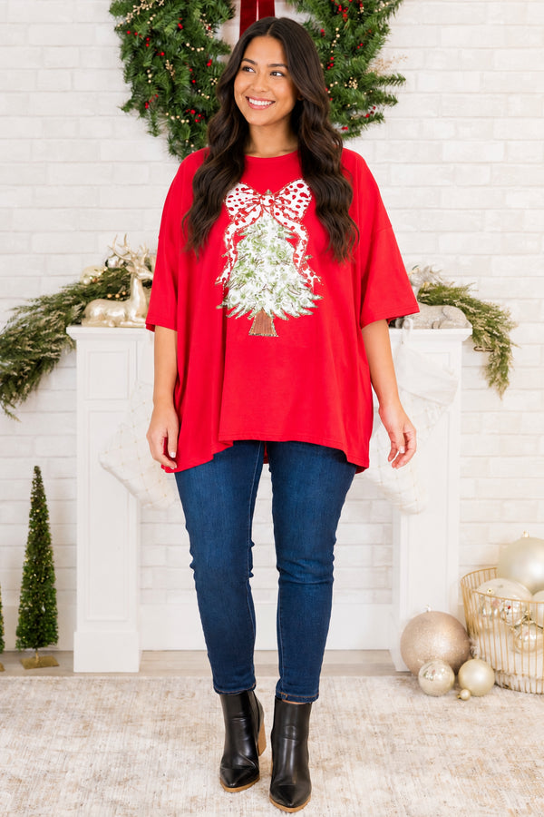 Chic Soul plus size clothing, red short sleeve boyfriend tee with round neckline with green floral tree graphic with red and white polka dot bow on top with glitter detail