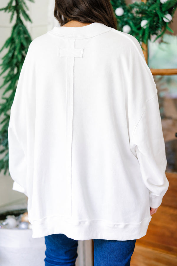 Chic Soul plus size clothing, off white oversized long sleeve mock neck sweatshirt with a Christmas tree and a big red bow on top 
